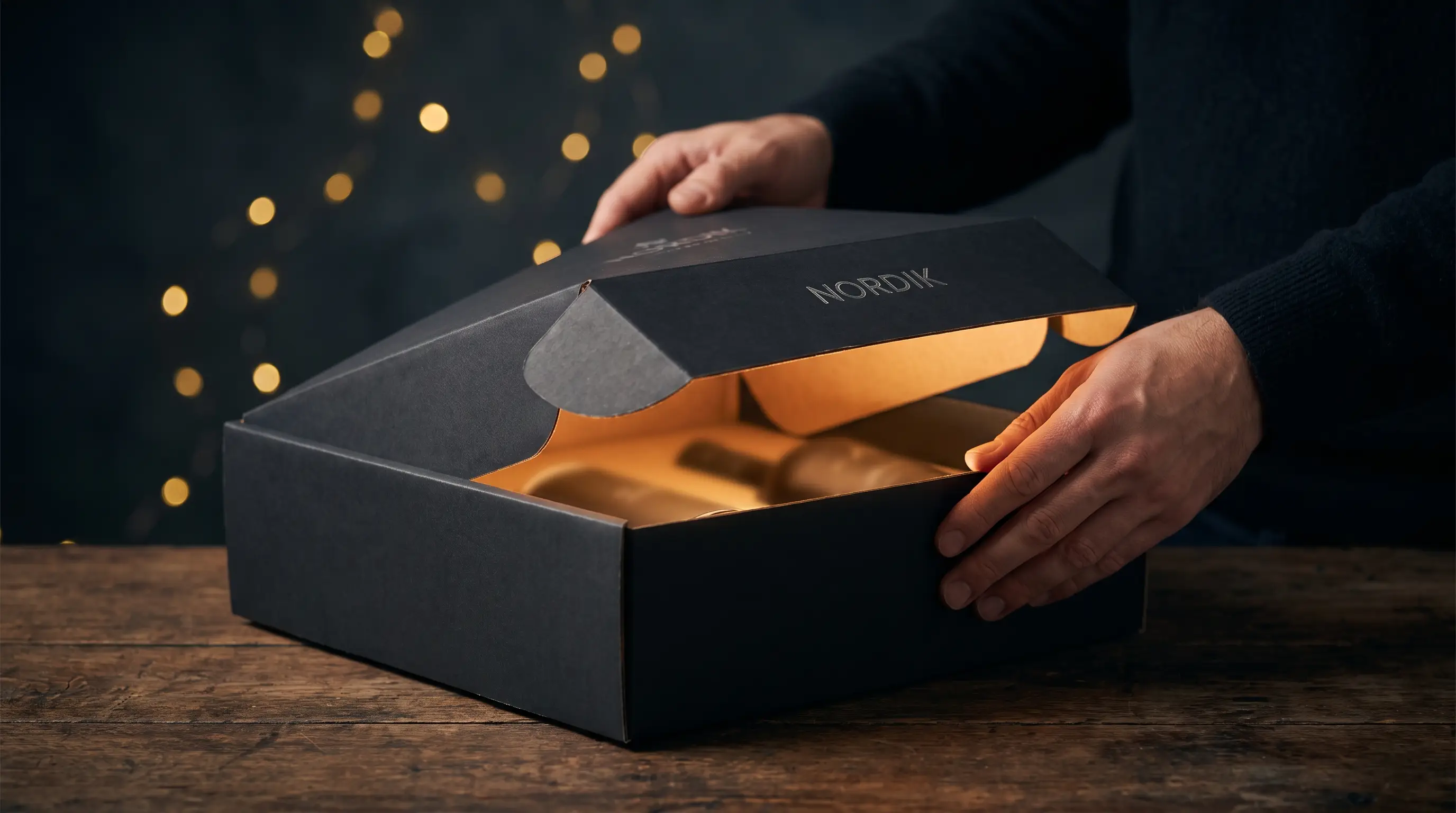 Ruke otvaraju Nordik Mystery Box sa toplim sjajem iznutra